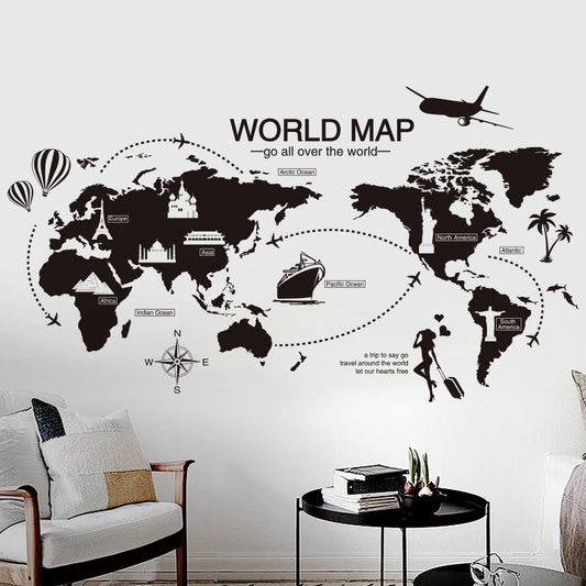 Black World Map Wall Sticker Bedroom Office Artistic Background Removable PVC Muurstickers Home Decor Kids Room Decoration