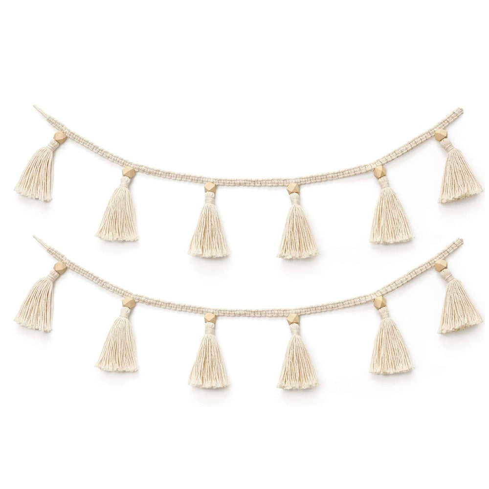 Boho Macrame Hand Woven Cotton Garland with Wooden Beads Tassel Belly Basket Decorations Home Wall Hangings Decor Craft