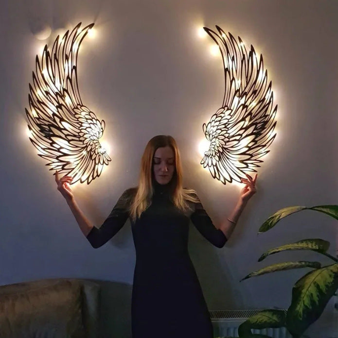Carved Metal Wall Decor Art With Light Angel Wings Decoration